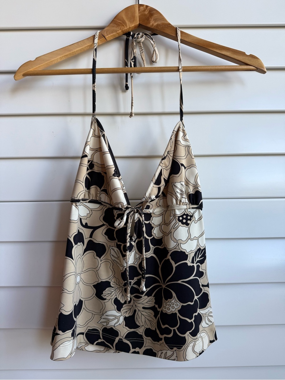 BCBGMaxAzria Black & Cream Floral Halter Cami Adjustable Ties